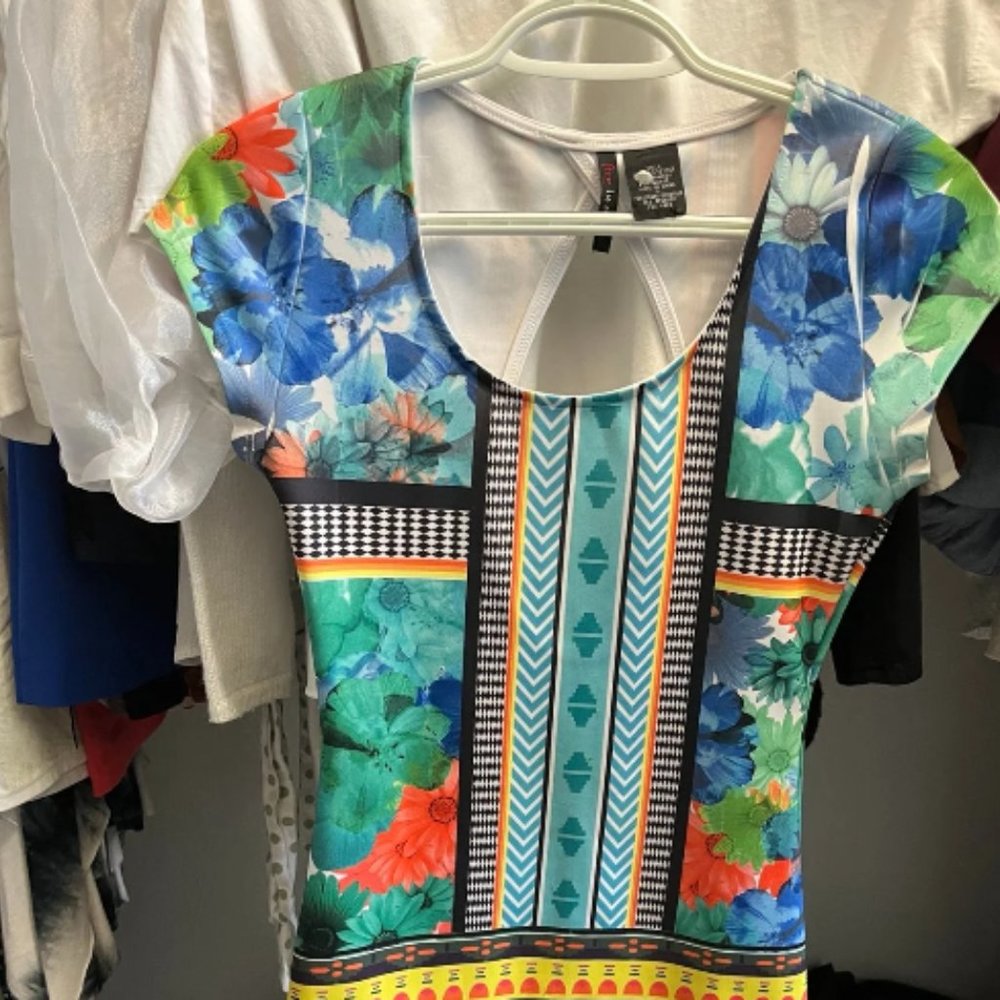 Boho Multicolor Floral Open Back Mini Dress Size S Festival Summer